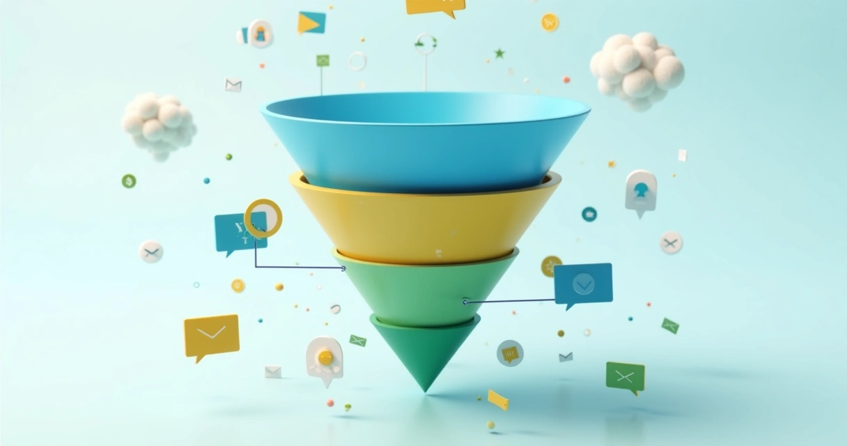 Representação visual de um funil de vendas com diferentes estágios coloridos