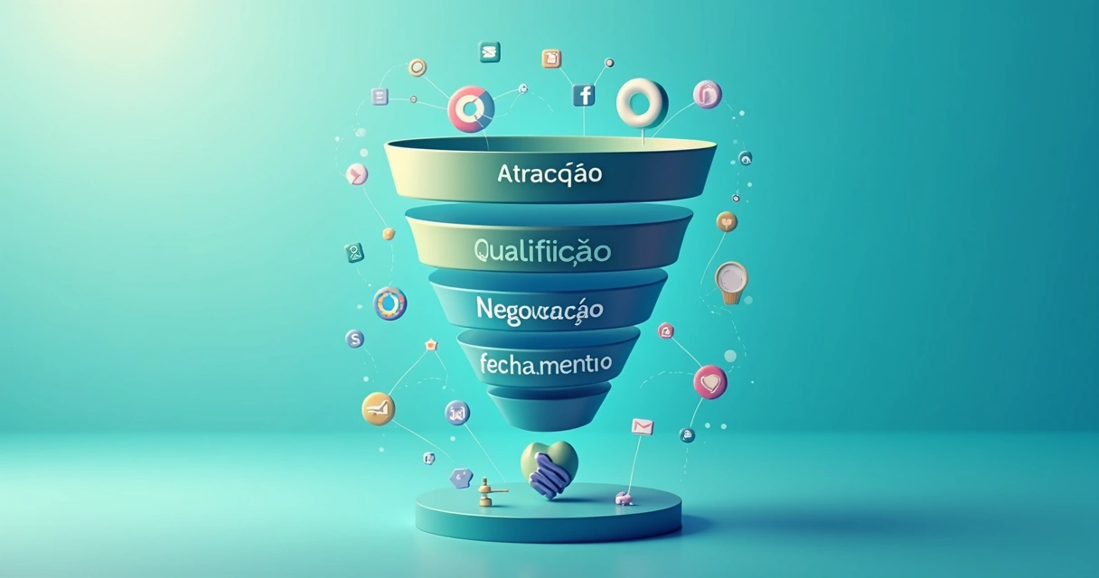 Representação visual de um funil de vendas com as etapas atração, qualificação, negociação e fechamento destacadas