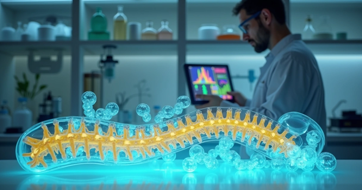 Representação 3D de medula espinhal e moléculas interagindo em laboratório 
