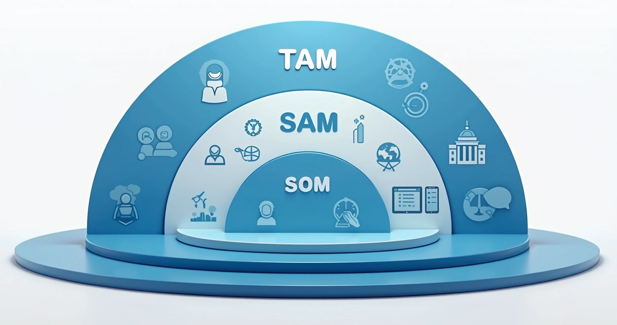 Mapa visual de segmentos de empresas, com círculos representando TAM, SAM e SOM 