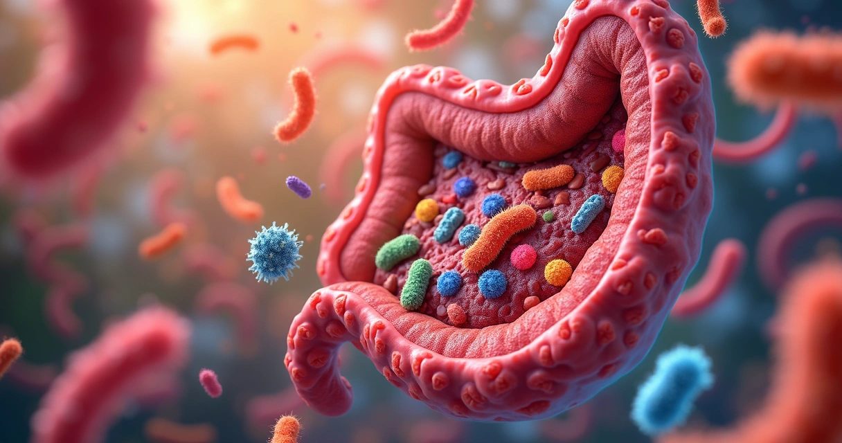 Representação artística da microbiota intestinal humana. 