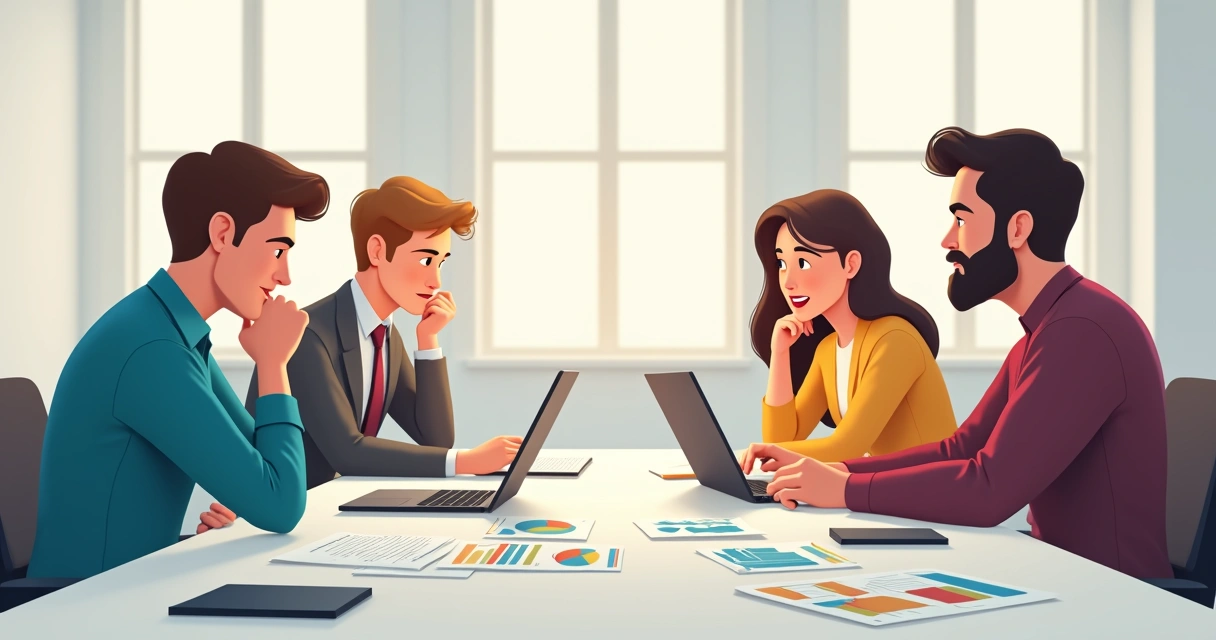 Ilustração de perfis de clientes sentados em uma mesa de reunião 