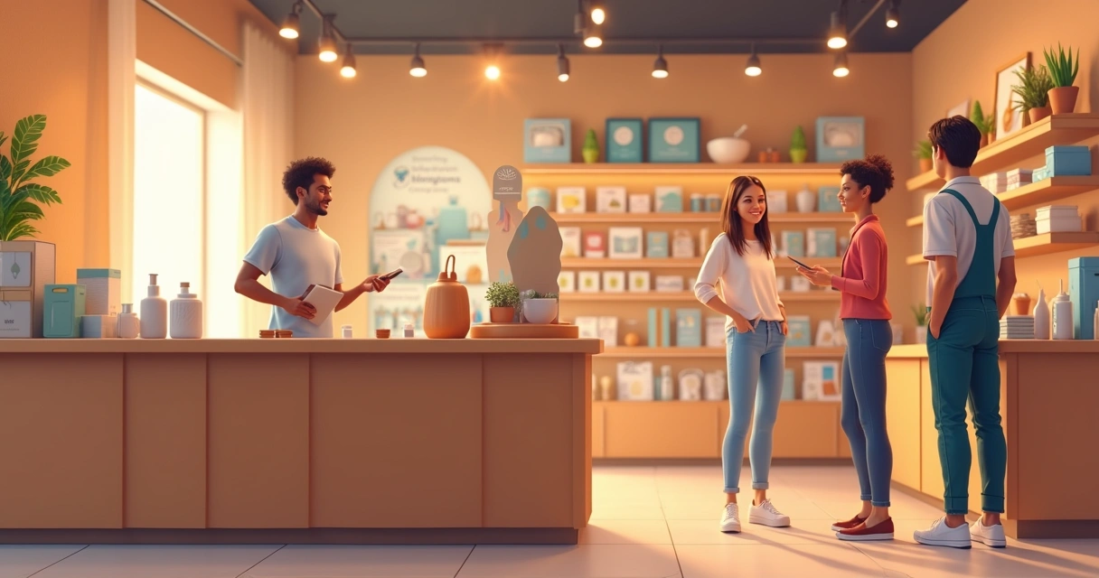 Ilustração de persona de cliente na loja com atendente 