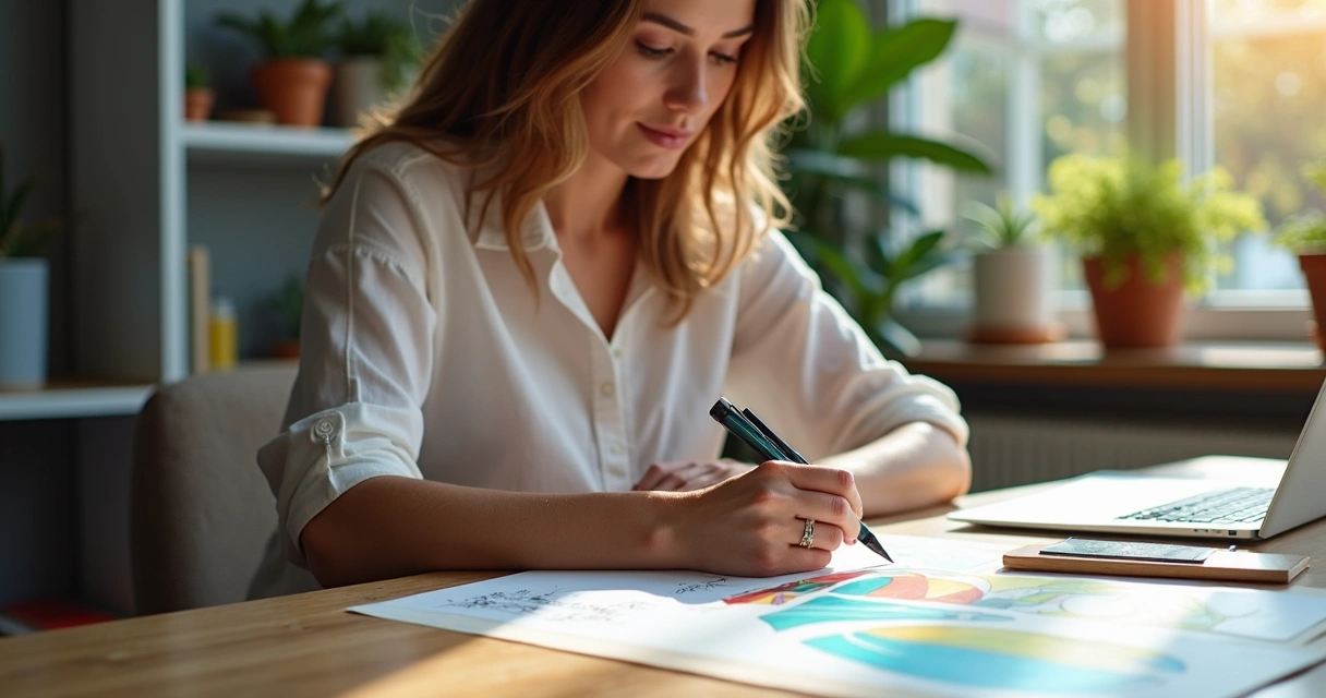 Mulher sentada em mesa de escritório com gráficos e laptop 