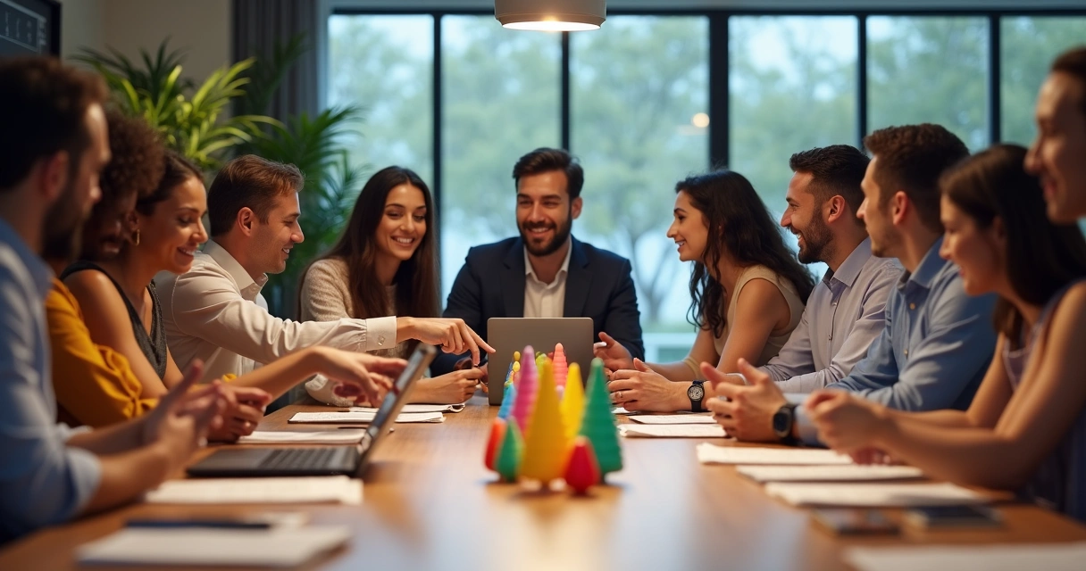 Equipe de trabalho reunida ao redor de mesa com objetos simbólicos 