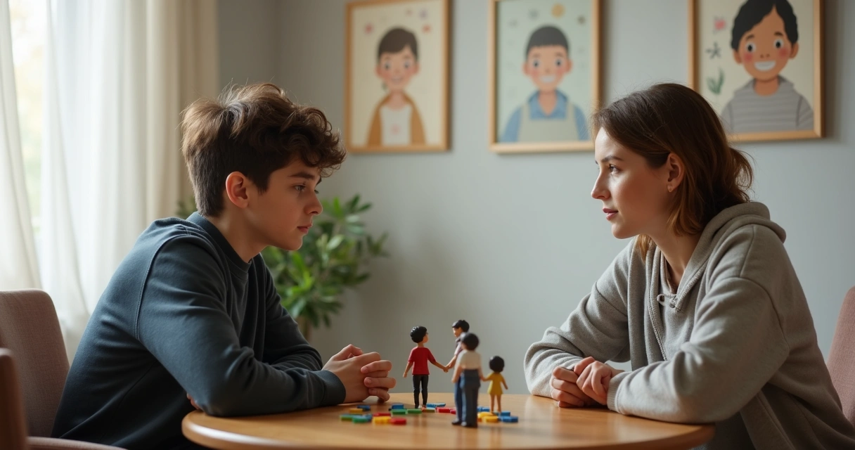 Adolescente e terapeuta em sala, usando figuras para representar família numa mesa 