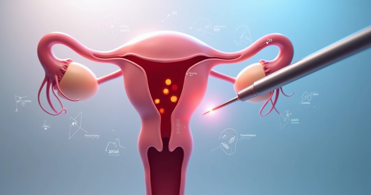Representação artística do útero em fundo azul com destaque visual para tratamento histeroscópico de miomas submucosos 