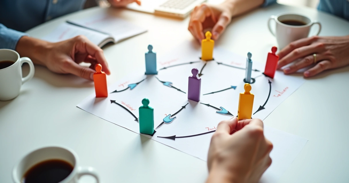 Representación de constelación sistémica laboral con figuras humanas y flechas 