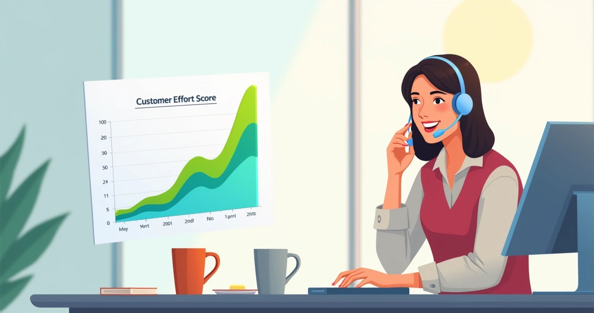 Representante de atendimento ao cliente feliz em uma mesa com gráfico do Customer Effort Score ao fundo.