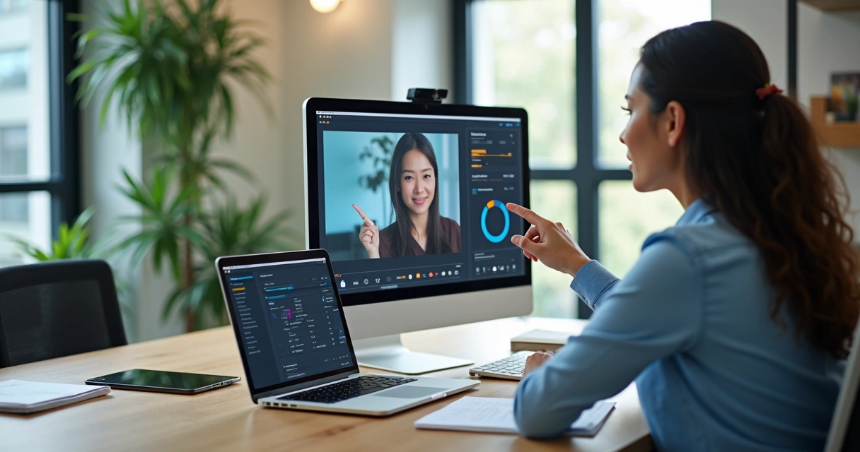 Representante B2B em videoconferência mostra sua tela com integrações de vendas 