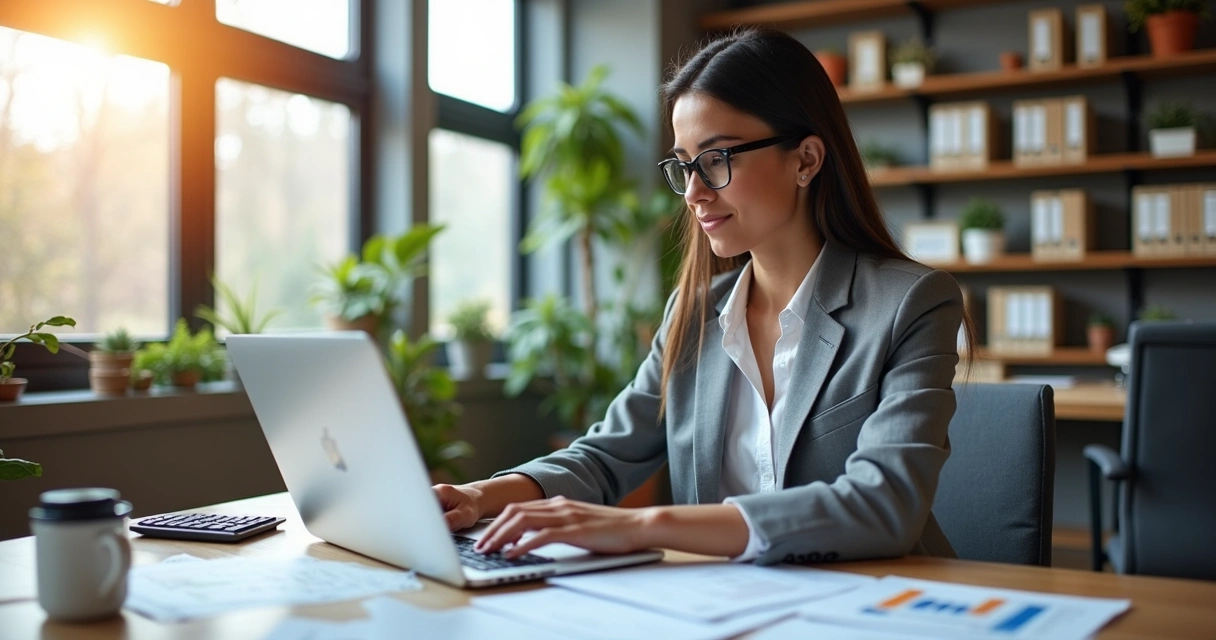 Representante comercial com documentos e laptop em ambiente moderno de escritório 