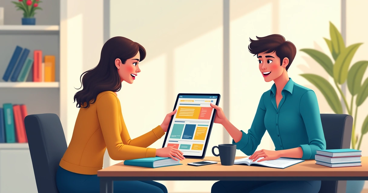 Representante comercial mostrando catálogo digital em tablet ao cliente 