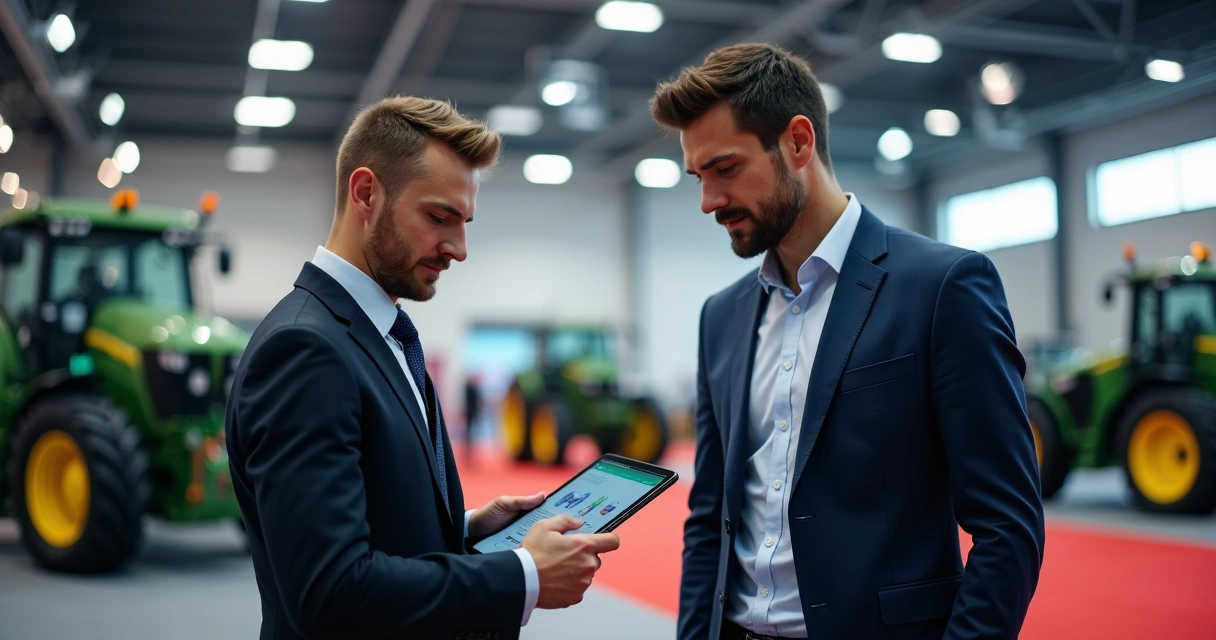 Representante mostrando catálogo digital em tablet para cliente em feira de máquinas 