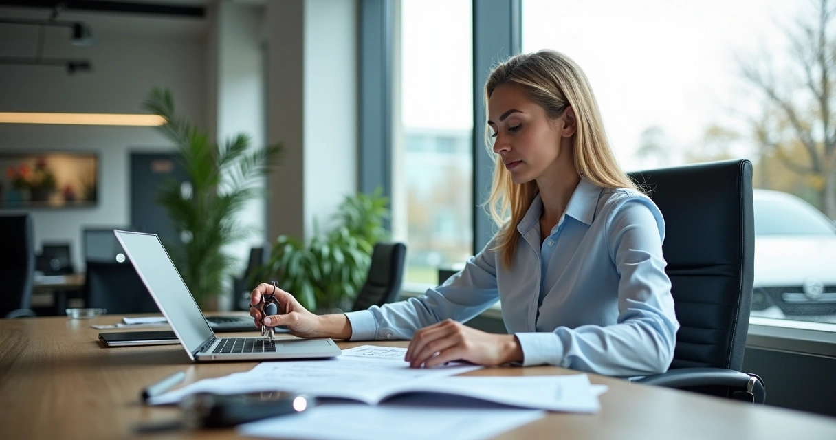 Representante comercial analisando contratos em mesa de escritório 
