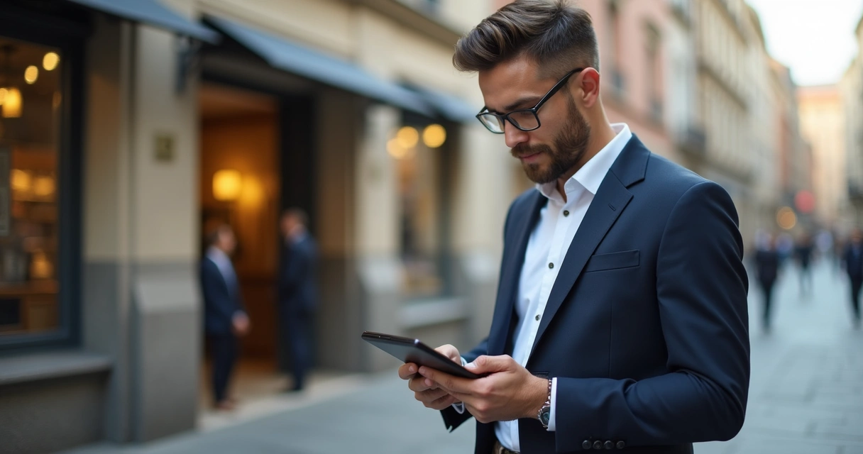 Representante atualizando vendas no tablet em ambiente externo 