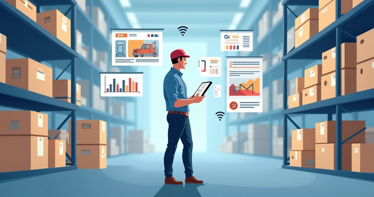 Representante de vendas usando tablet em ambiente industrial