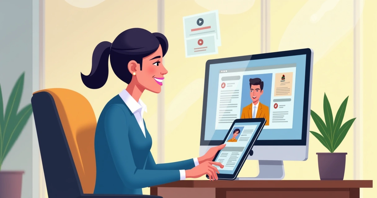 Representante comercial em vídeo chamada usando CRM e catálogo digital em tablet