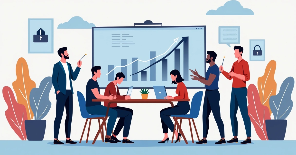 Grupo diversificado de representantes comerciais em reunião olhando painel de vendas visual 