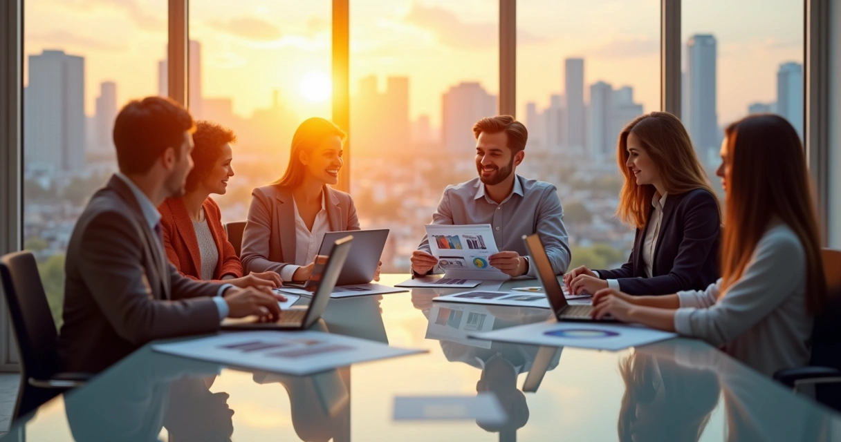 Equipe de representantes de energia solar discutindo estratégias de vendas 