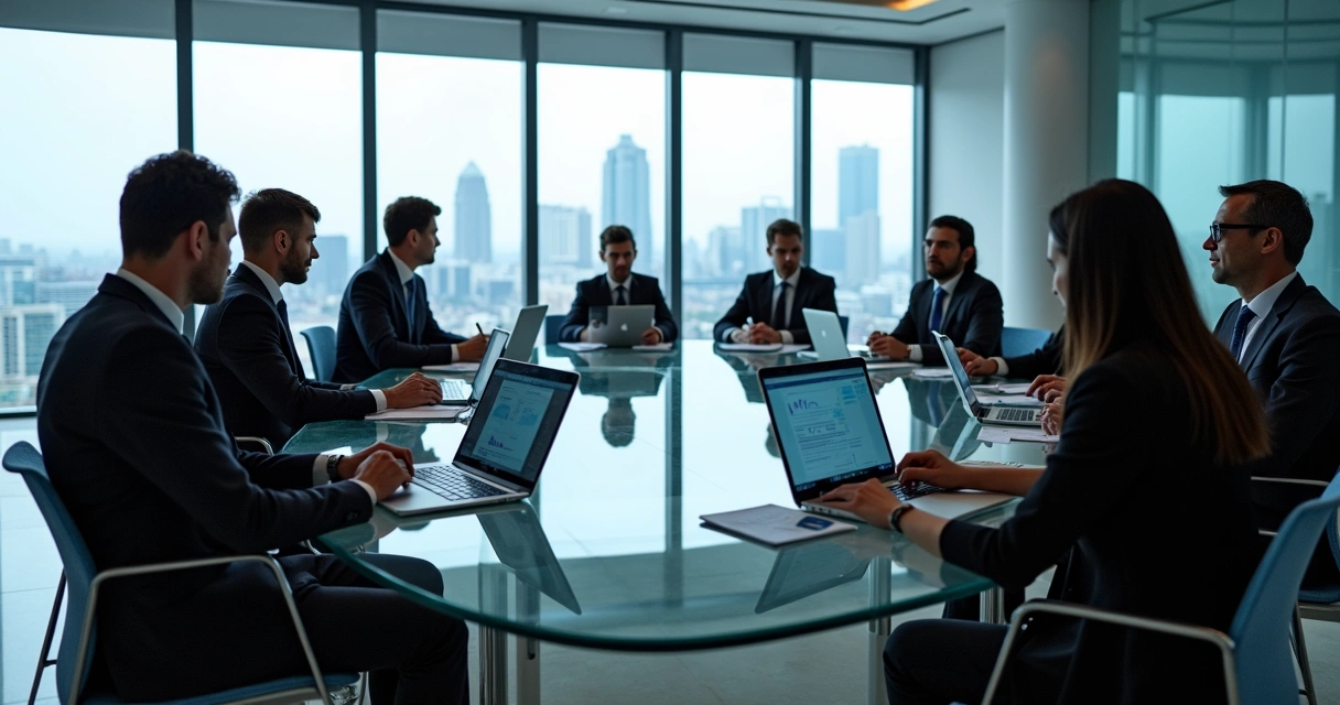 Pessoas reunidas em mesa de reunião no setor financeiro 