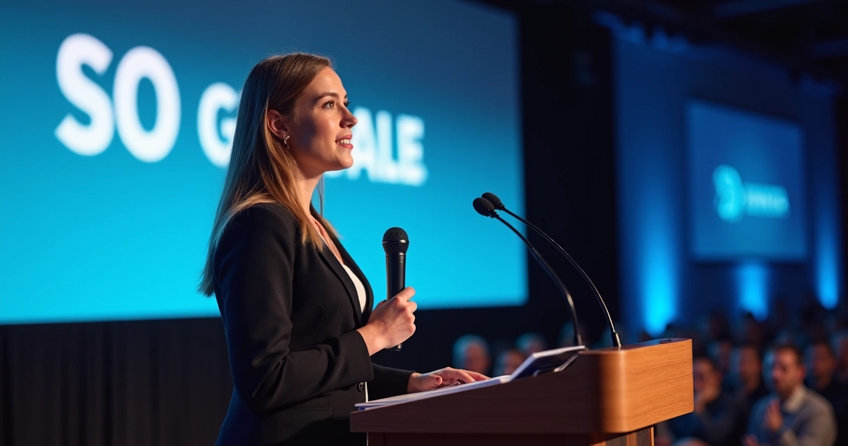 Colaboradora apresentando empresa em evento externo 