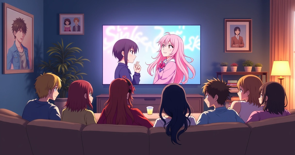 Grupo de fãs de anime assistindo juntos 