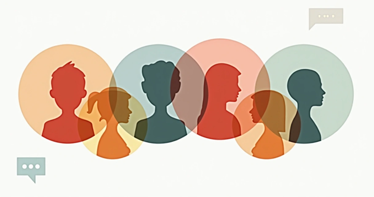 Diversos perfis de clientes representados em círculos coloridos