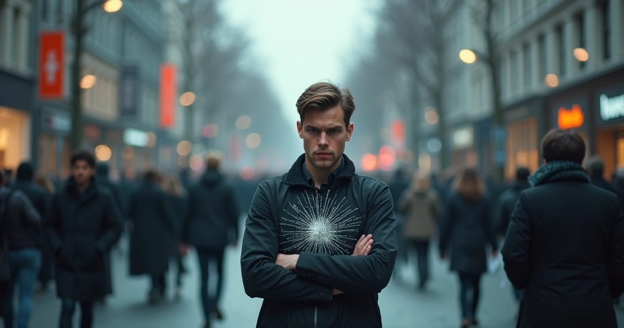 Pessoa em meio à multidão com rachaduras de vidro simbolizando conflitos emocionais ocultos 