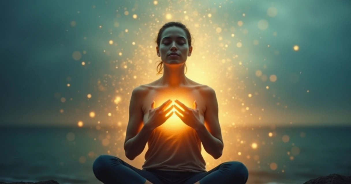 Pessoa de olhos fechados com luz saindo do peito simbolizando propósito e equilíbrio emocional 