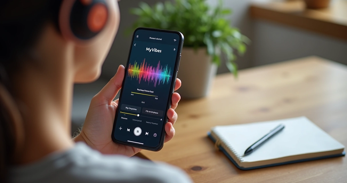 Pessoa usando aplicativo de reprogramação mental no celular com fones de ouvido 
