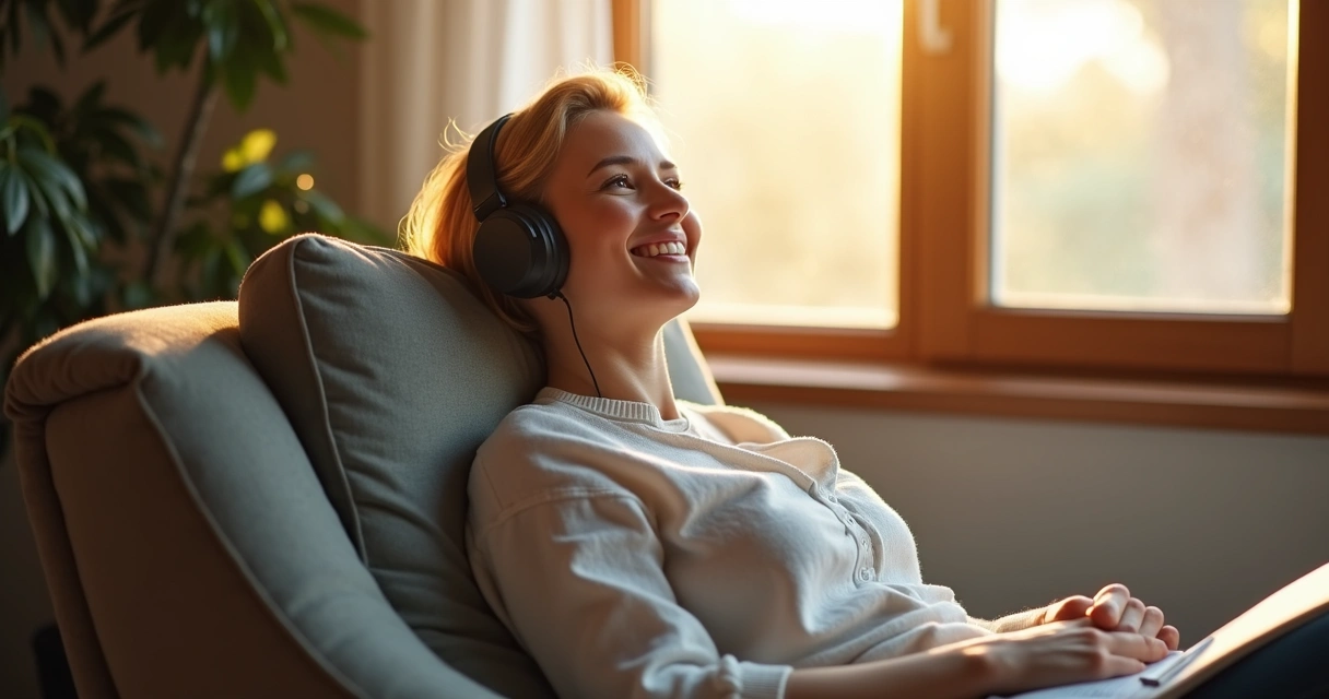 Pessoa ouvindo áudios motivacionais com fones de ouvido 