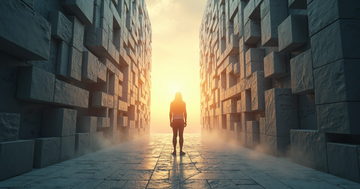 Persona frente a un laberinto de creencias que se transforma en luz clara 