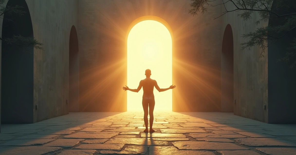 Pessoa em pé diante de uma porta luminosa, deixando para trás sombras com palavras negativas 