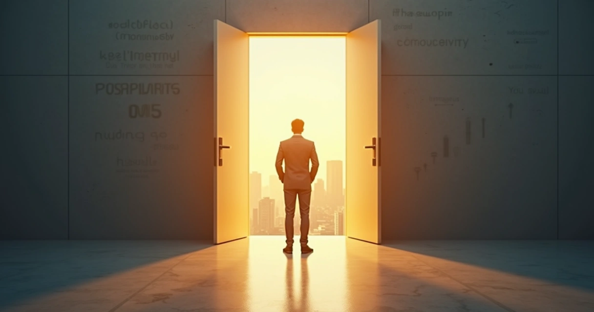 Pessoa em pé diante de porta luminosa deixando para trás sombras de crenças limitantes 