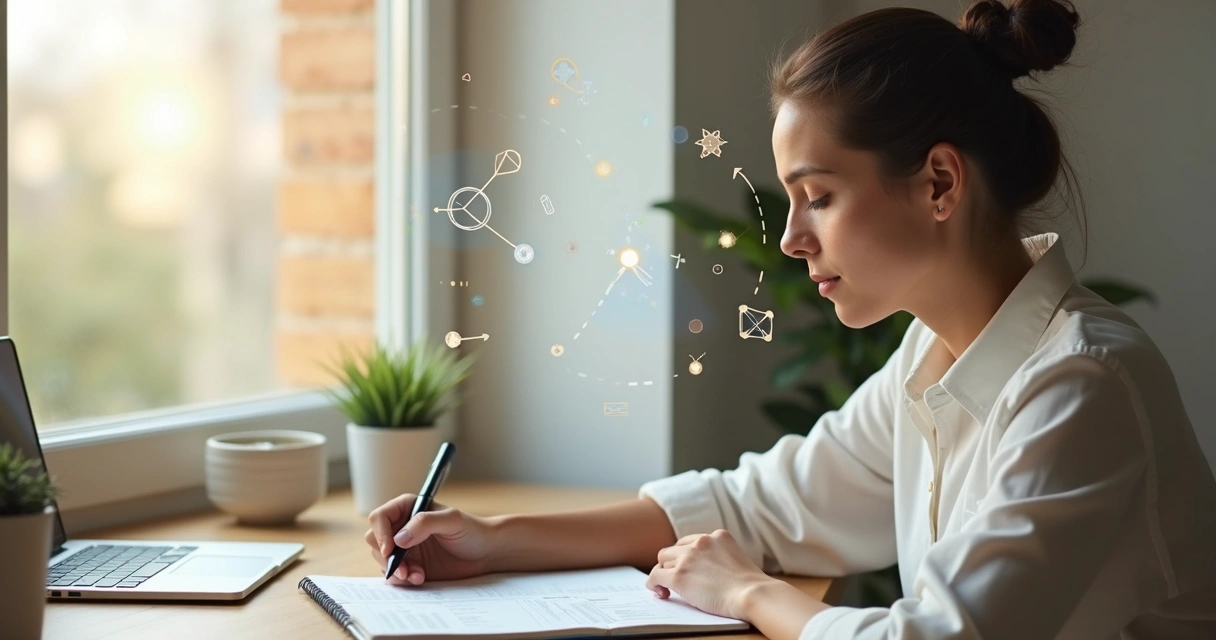 Pessoa em reflexão reorganizando padrões emocionais com luz suave e formas abstratas 