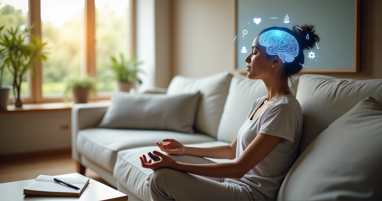 Person practicing mindfulness with emotional icons around the brain 