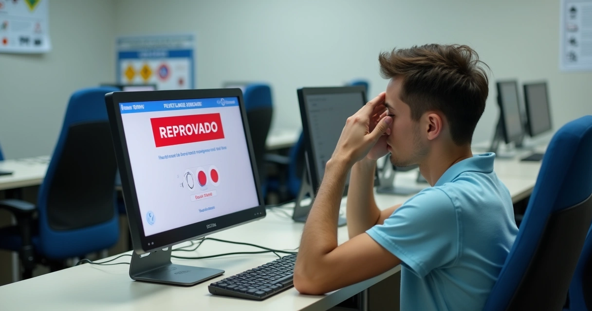 Candidato reprovado no exame teórico da CNH observando tela do computador com resultado reprovado 