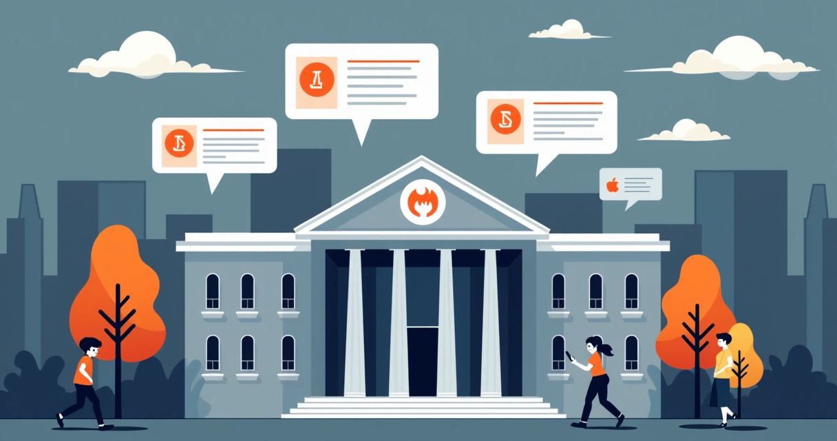 Ilustração de prédio de conselho com reputação abalada, nuvens e comentários negativos