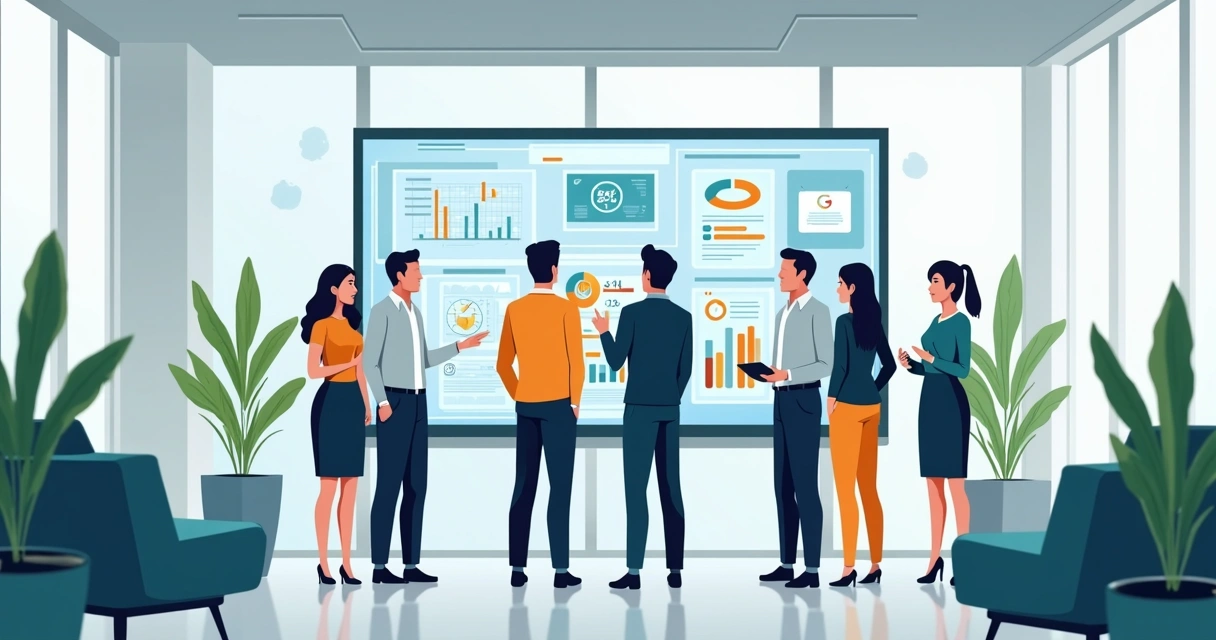 Equipe monitorando dados de reputação em tela digital 