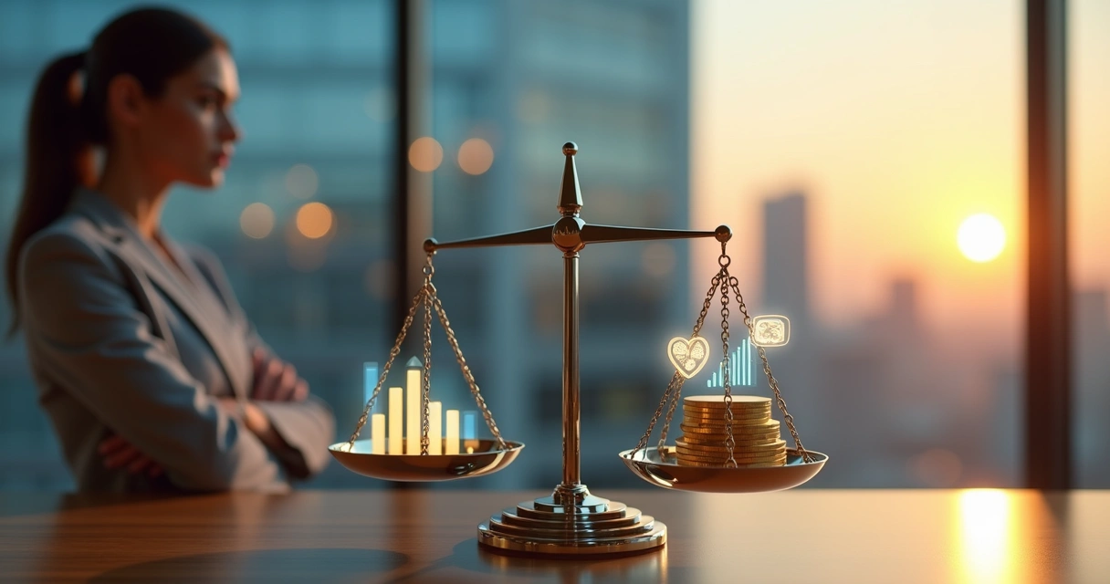 Executiva observando balança com dinheiro e ícones de valores intangíveis 