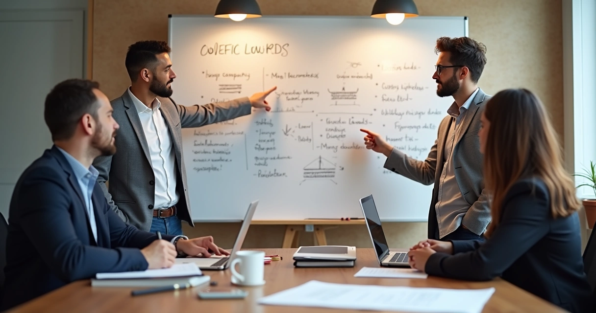 Equipe discutindo nome de empresa em quadro na parede 