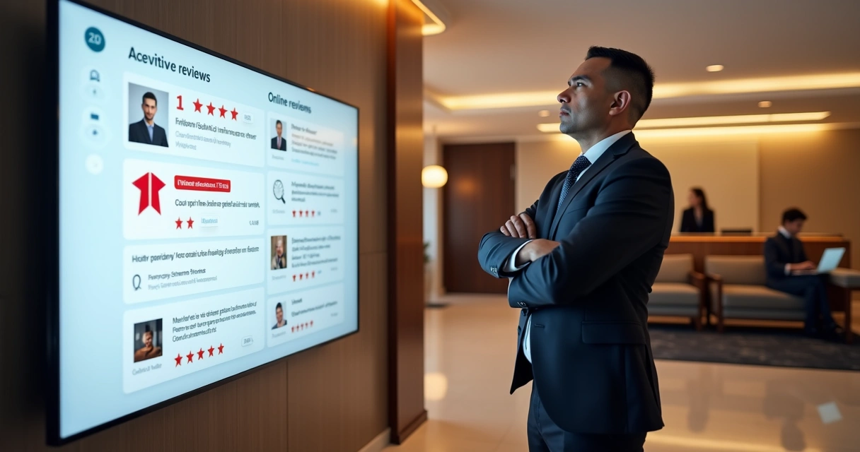 Gerente de hotel preocupado analisando avaliações negativas em tela grande 