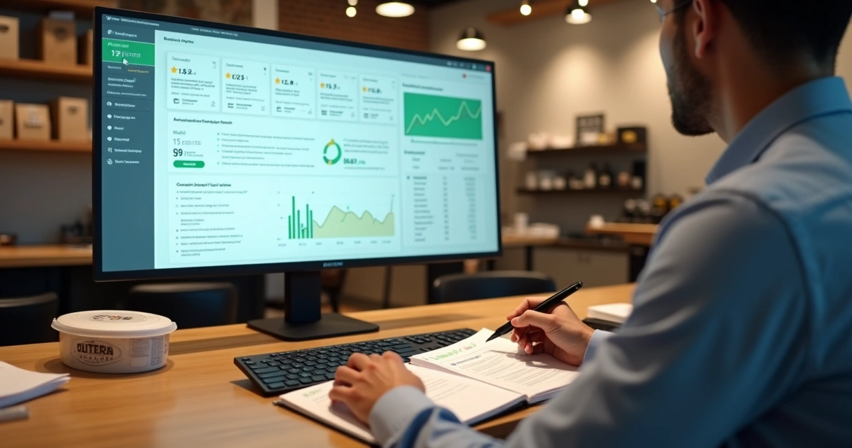 Gestor de restaurante analisando avaliações online em painel digital 