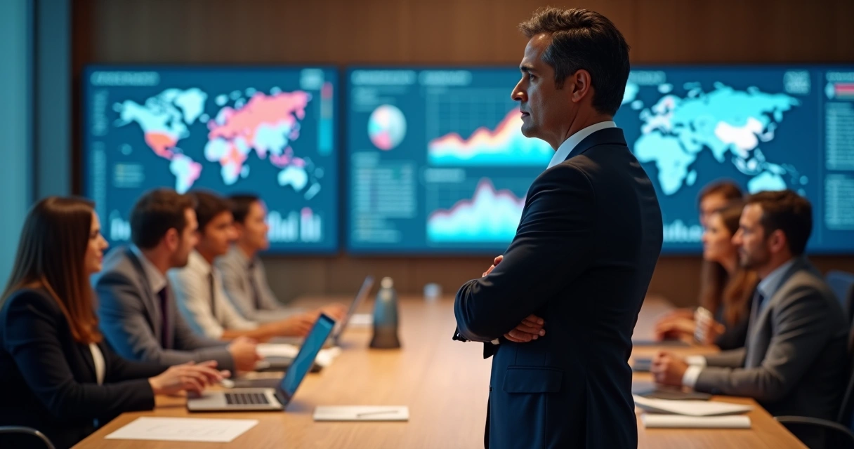 Líder político em destaque em frente a equipe analisando dados e redes sociais 