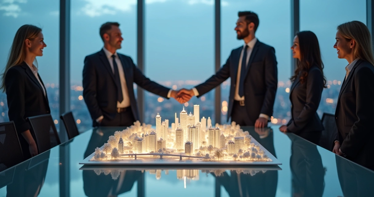 Directivos de distintas empresas sellando alianza ética con un apretón de manos sobre la maqueta iluminada de una ciudad. 