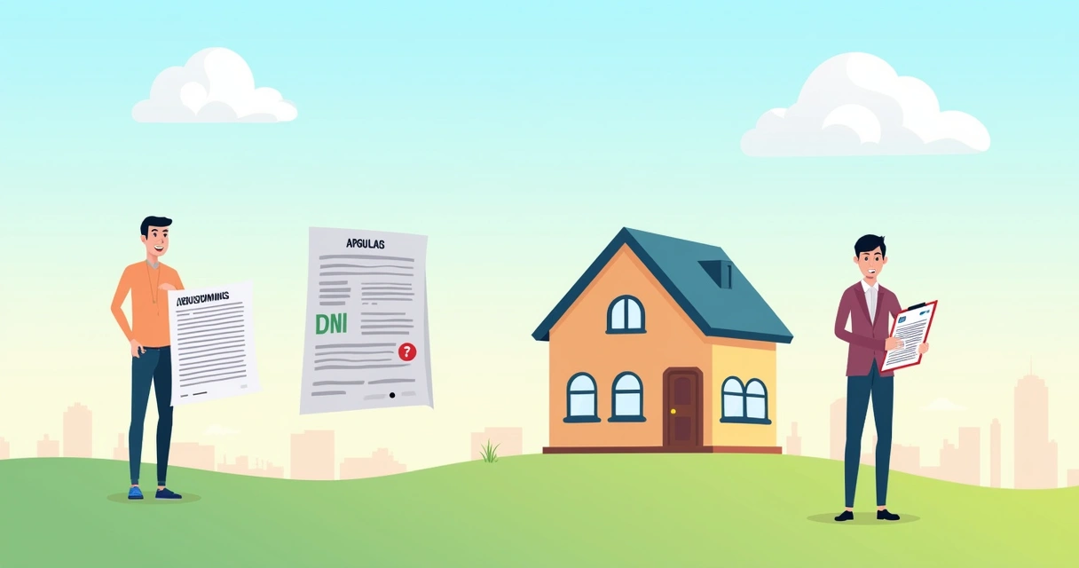 Ilustración de una persona con documentos junto a una casa, simbolizando requisitos para crédito hipotecario.