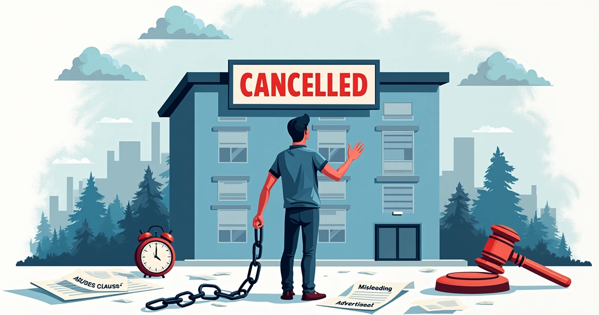 Ilustração de uma pessoa em frente a um prédio moderno com um cartaz de Cancelado em destaque, representando rescisão de contrato.