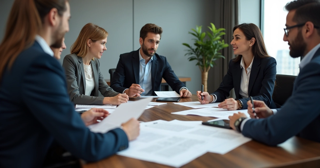 Advogados reunidos analisando contrato de terreno