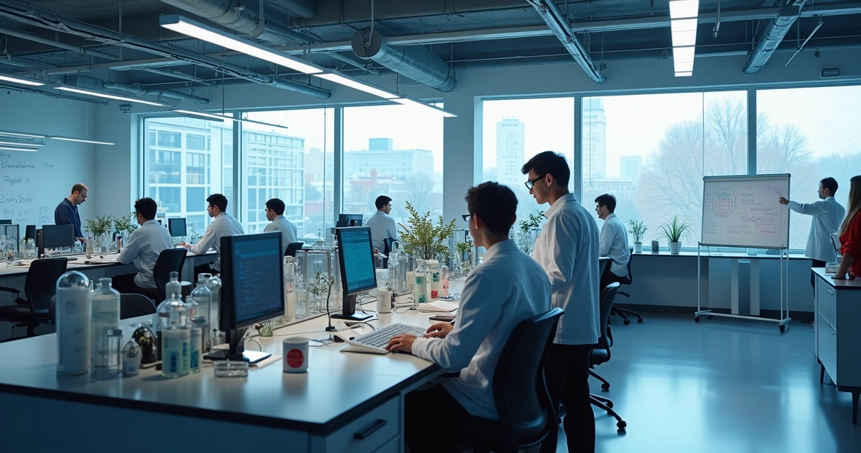 Modern lab in Germany with researchers working together 