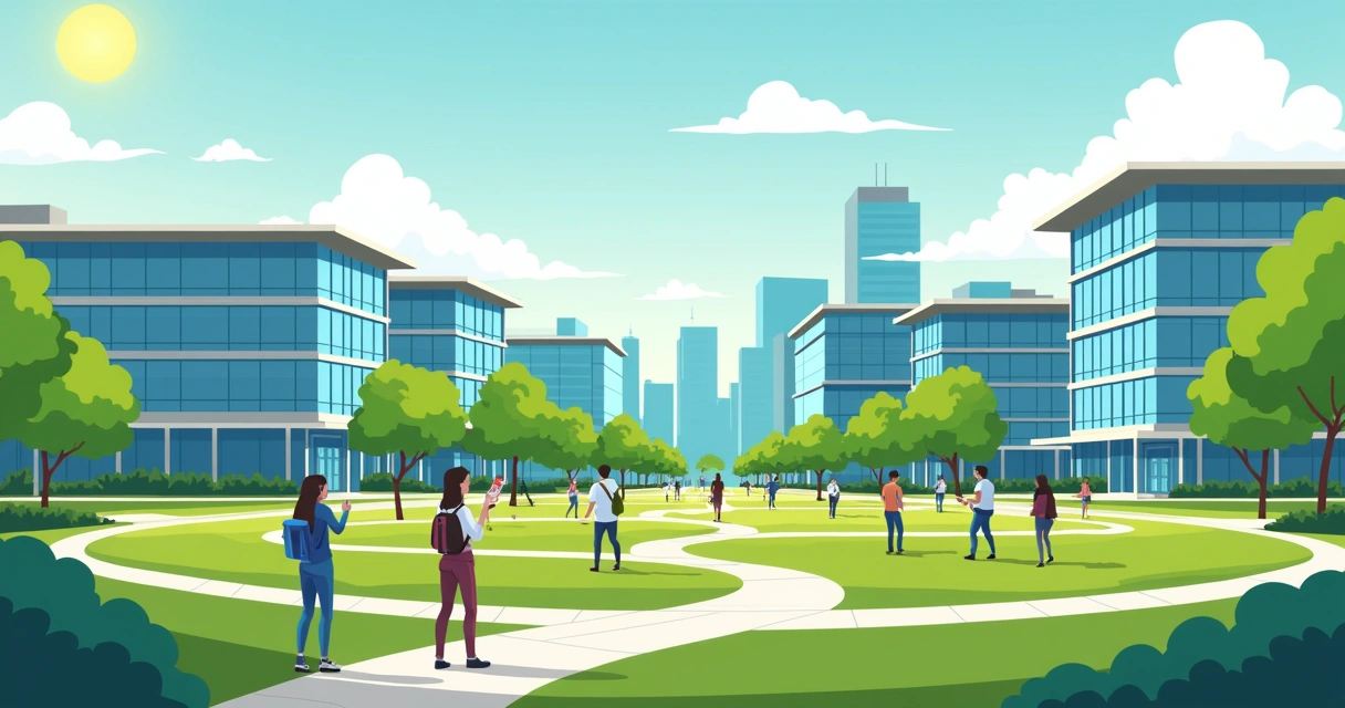 Campus moderno do Research Triangle Park em paisagem verde 